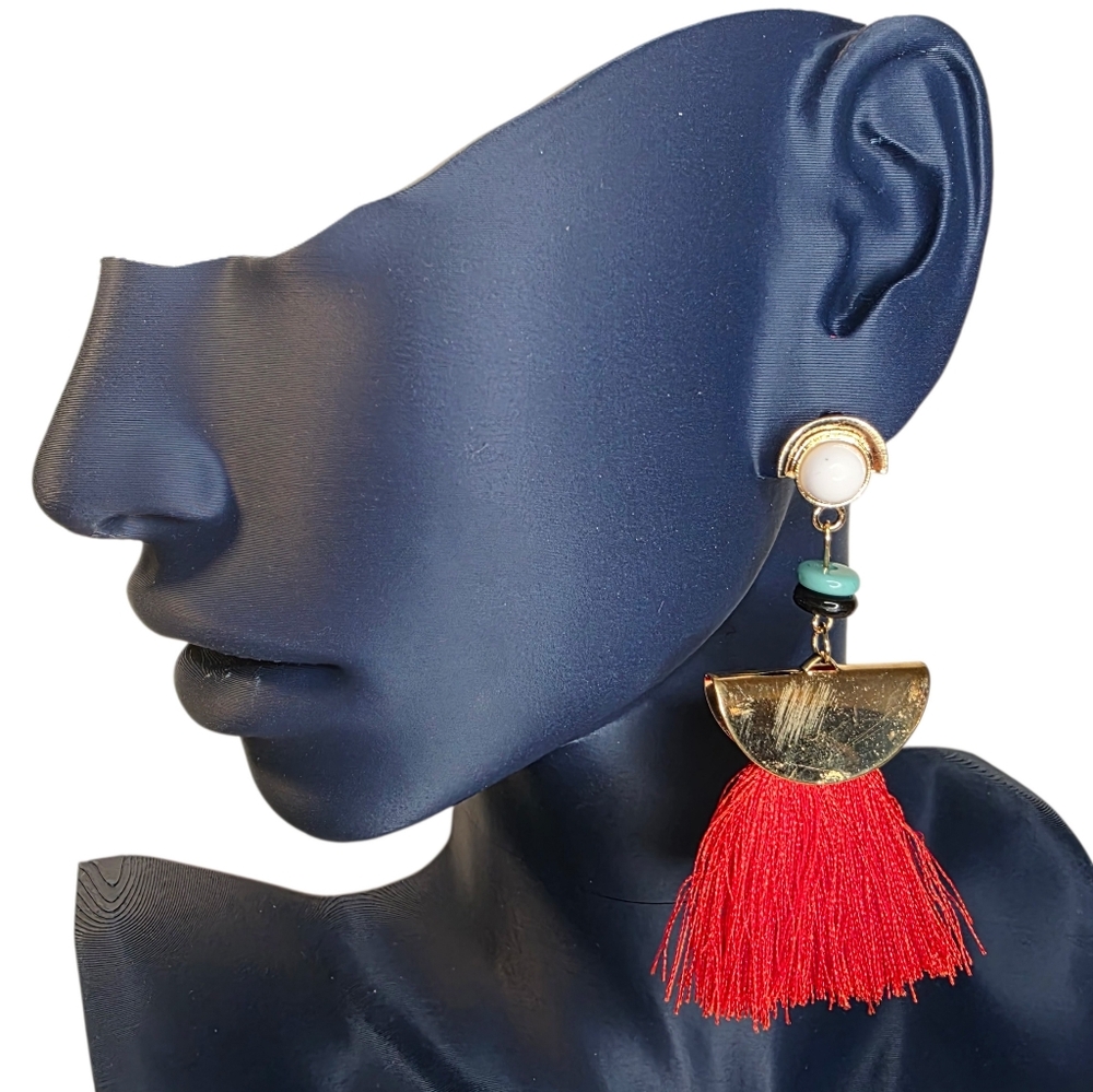 Long Beaded Red Orange Tassel Earrings Classic Oversized Boho Fashion Jewelry - Picture 2 of 6